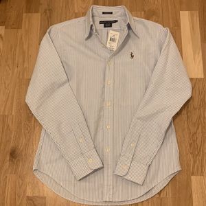 Ralph Lauren blue and white striped button down for women. Size 4, NWT’s!